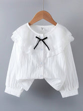1pc Girls Ruffled Collared Button Down Lace Trim Lantern Sleeve Princess Blouse, Spring & Autumn